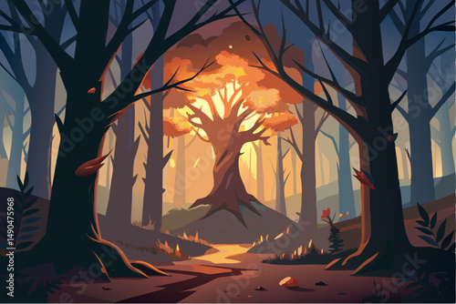 A surreal and vibrant autumn tree glowing at the center of a calm forest, reflected symmetrically in a tranquil lake with soft ripples. This dreamy fantasy landscape is painted in an expressive oil pa