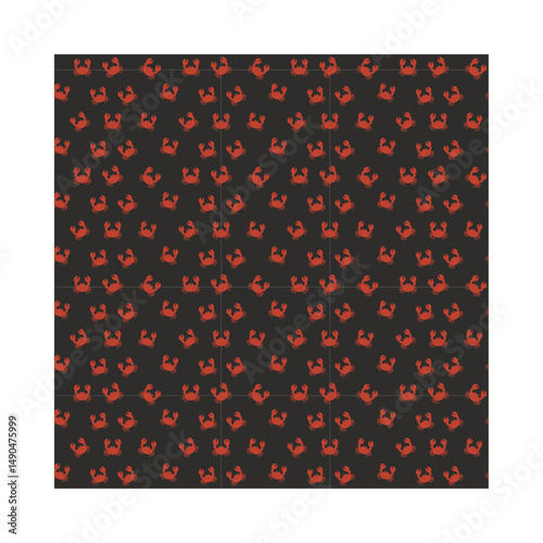 Seamless pattern featuring vibrant red crabs scattered across a dark gray background. This bold and playful design is perfect for coastal-themed projects, summer apparel, seafood packaging