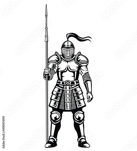 Black and white vector illustration of a knight in armor holding a spear