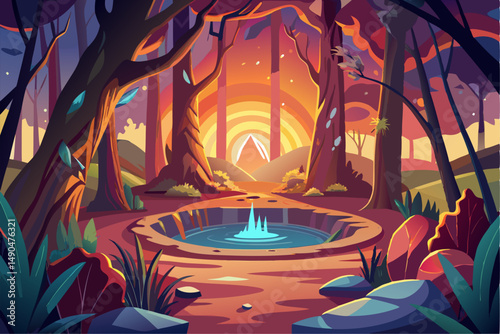 A surreal and vibrant autumn tree glowing at the center of a calm forest, reflected symmetrically in a tranquil lake with soft ripples. This dreamy fantasy landscape is painted in an expressive oil pa