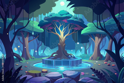 A surreal and vibrant autumn tree glowing at the center of a calm forest, reflected symmetrically in a tranquil lake with soft ripples. This dreamy fantasy landscape is painted in an expressive oil pa