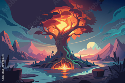 A surreal and vibrant autumn tree glowing at the center of a calm forest, reflected symmetrically in a tranquil lake with soft ripples. This dreamy fantasy landscape is painted in an expressive oil pa
