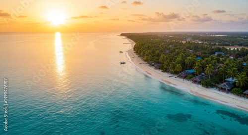 Aerial View of Tropical Island Beach at Sunset