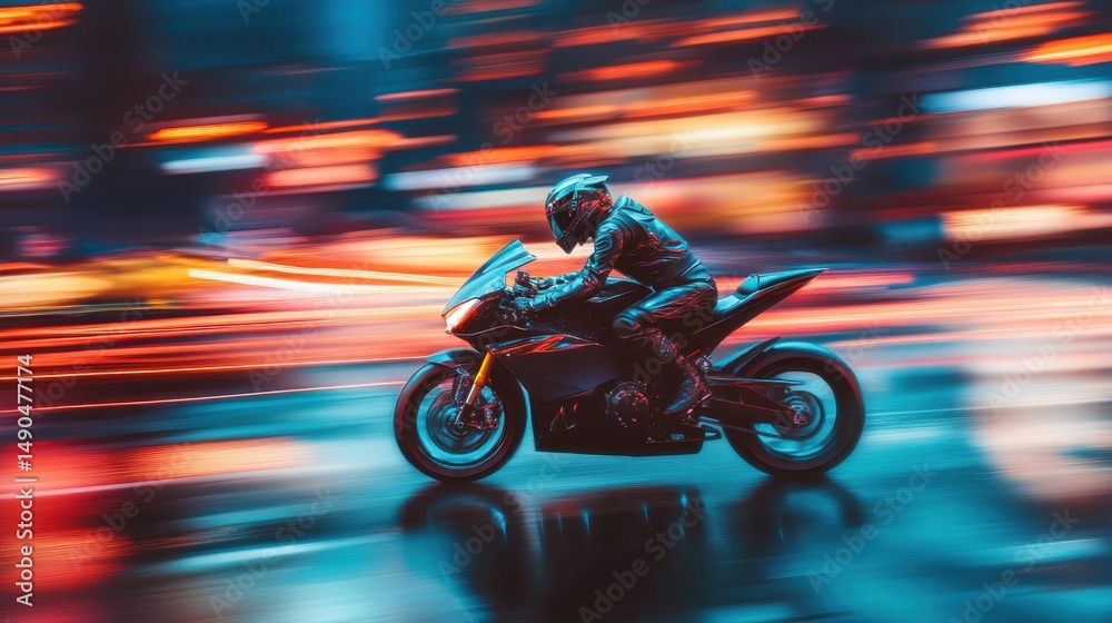 Fototapeta premium Motorcycle racing through vibrant city lights at night showcasing adrenaline and speed