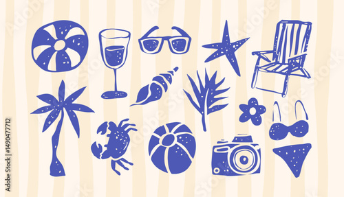 Doodle Coastal Beach Summer Vacation Holidays Vector Clip Art, Hawaii, Picnic, Fun, and Vintage Elements