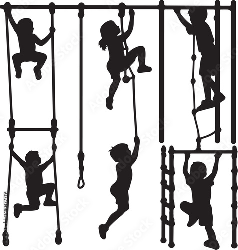 Silhouette Illustration of Children Playing on a Playground: Climbing Ropes, Ladders, and Bars - Active Kids Outdoor Fun Graphic