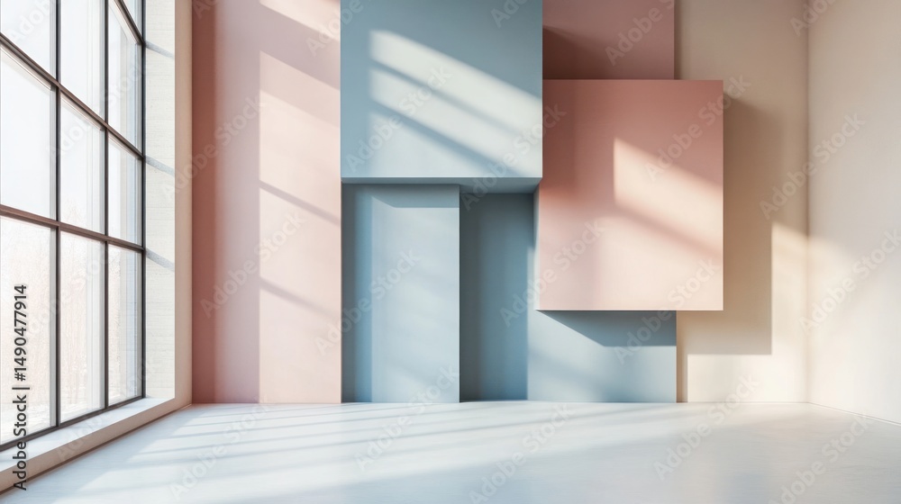 Obraz premium Modern minimalist interior with large window, featuring muted pastel colors and geometric shapes
