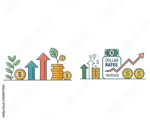 Dollar rate increase vector icon set. Rise cost vector illustration. Business money increase vector signs set