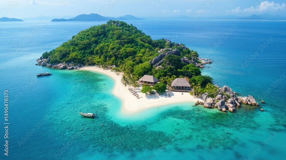 Fototapeta premium Coastal view of a tropical resort along a pristine beach surrounded by lush greenery and clear waters