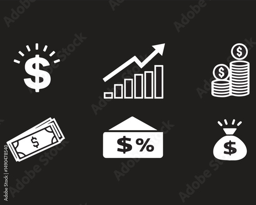Dollar rate increase vector icon set. Rise cost vector illustration. Business money increase vector signs set