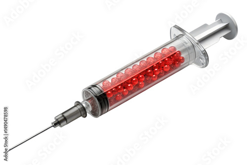 Realistic syringe with red liquid and geometric beads inside