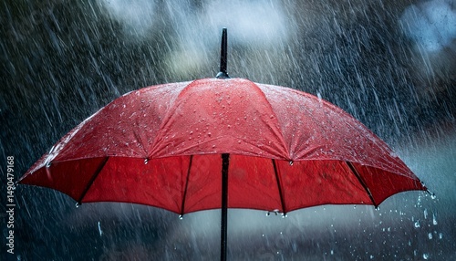 Transparent umbrella under heavy rain against water drops splash background. Rainy weather concept. wind