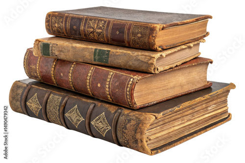 Antique Leather Bound Books Stacked on White Background