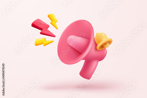 3d megaphone speaker or loudspeaker bullhorn for announce promotion, megaphone loud hailer with bell notification, speakerphone 3d icon vector render illustration for alert and announcement