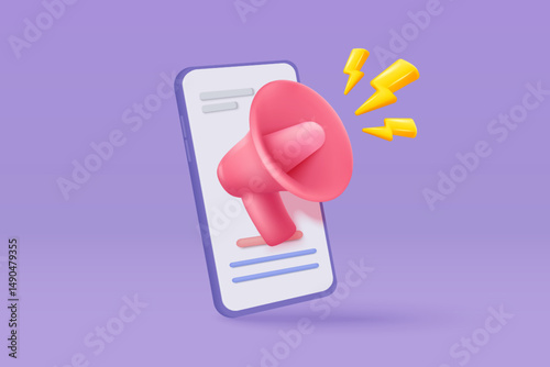 3d megaphone speaker or loudspeaker bullhorn for announce promotion, megaphone loudhailer with mobile phone in social media, speakerphone 3d icon vector render for alert and announcement on background