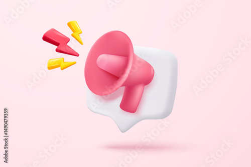 3d megaphone speaker or loudspeaker bullhorn for announce promotion in background, megaphone loud hailer with microphone, speakerphone 3d icon vector render illustration for alert and announcement