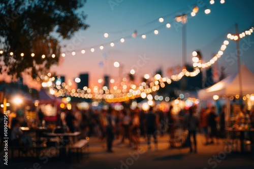 Evening outdoor music festival with dancing crowd under string lights, blurred bokeh background, white tents and food stalls. Bohemian event branding, social media content, promotional visuals.

