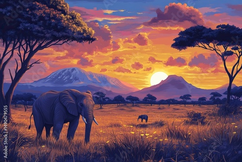 An elephant standing in the foreground with African landscape background with mountains in the background at sunset, photo-realistic, high resolution, high detail, high quality, in photorealistic pain