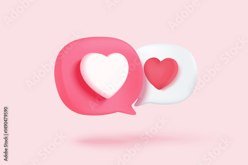 3D social media online platform concept, online social communication on applications, Photo frame with heart and love emoji icon, like and play in red bubble icons. 3d heart vector render concept
