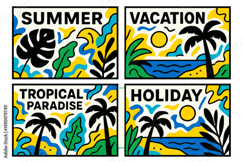 Vibrant vector illustration featuring themes of summer vacation in a tropical paradise with palm trees and a beach