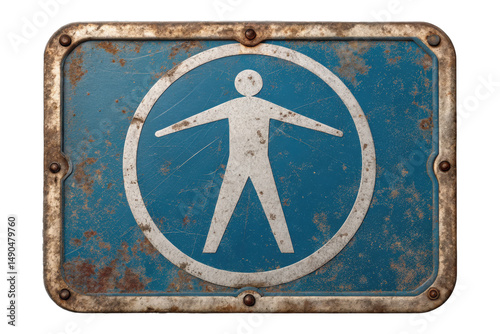 Vintage Accessibility Symbol on Rusty Blue Metal Signboard