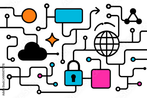 Colorful vector illustration of technology symbols interconnected by lines representing digital communication and data flow