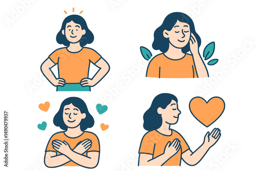 Engaging vector illustrations of a woman expressing positive emotions and self-love in a vibrant style