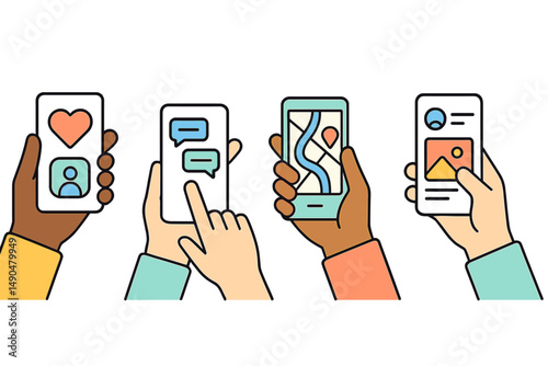 Digital interaction through mobile devices showcasing various applications and user engagement in a modern setting
