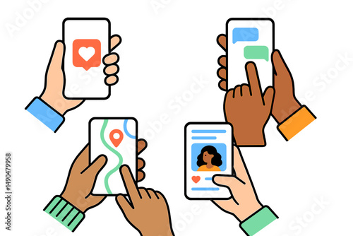 Hands holding smartphones engaged in various activities like messaging, navigation, and social media interaction