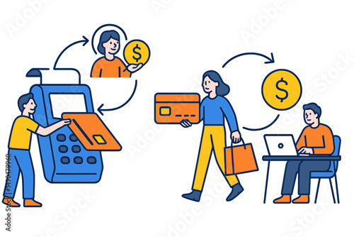 Digital payment process with customer transactions and online shopping at a retail store