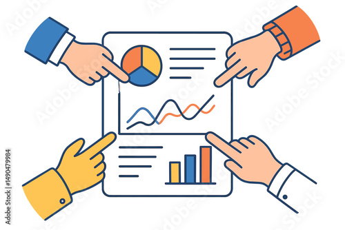 Hands pointing at data charts in a vector illustration representing teamwork and analysis in a business environment