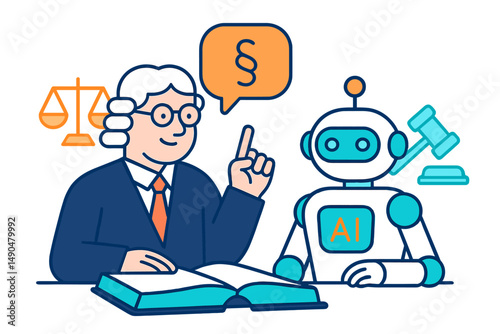Lawyer discussing legal concepts with an AI robot in a modern office setting during the day