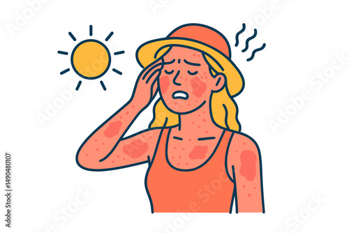 Woman suffering from sunburn and heat exhaustion in a summer outdoor setting