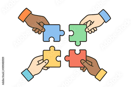 Collaborative teamwork with hands assembling colorful puzzle pieces in a vector illustration