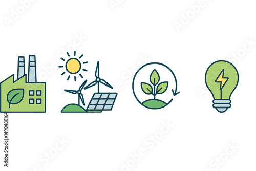 Vector illustration showcasing renewable energy sources, highlighting solar, wind, and sustainable practices for a greener future