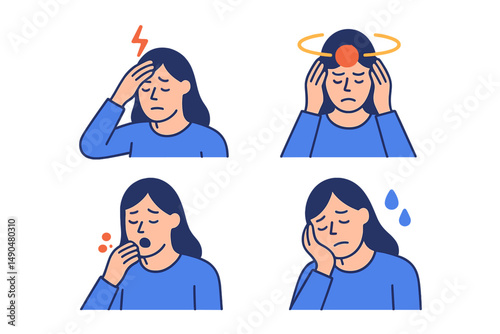 Various expressions of discomfort in a vector illustration depicting wellness challenges and emotional states