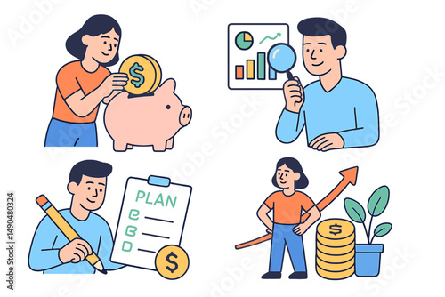 Budgeting and financial planning activities illustrated in a vector art style for personal finance education