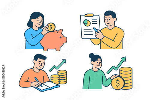 Financial planning activities featuring saving, budgeting, and investment strategies in a modern vector style