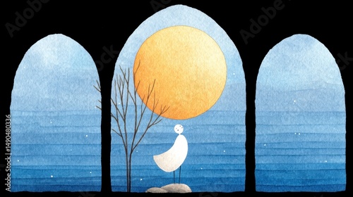 Serene Night Scene Bird and Yellow Moon in Arched Windows