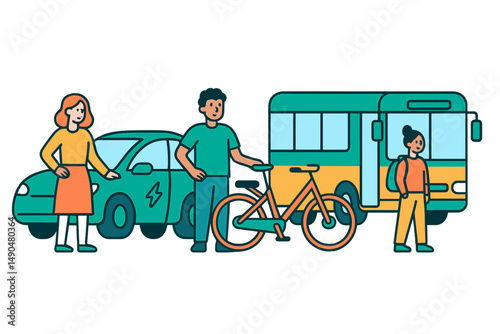 Vector illustration of people using various modes of transportation in a vibrant urban setting promoting sustainable travel choices