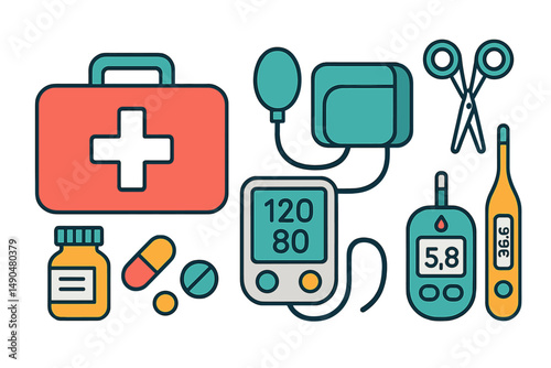 Vector illustration featuring medical equipment and supplies for health monitoring and first aid in an organized layout