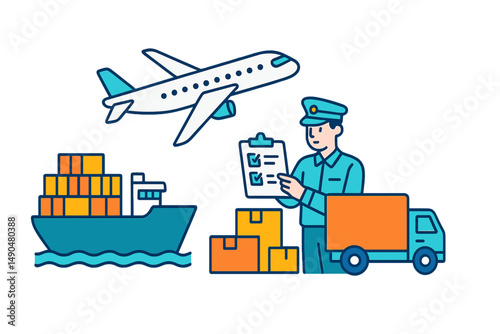 Global logistics operations featuring a cargo ship, cargo plane, and delivery truck in a vector illustration