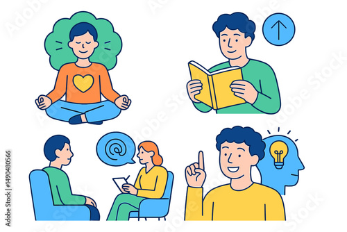Vector illustration of people engaged in mindfulness, reading, and conversation activities promoting self-improvement and connection