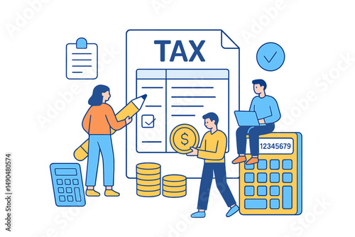 Vector illustration of people working on tax preparation in a modern office environment during the daytime