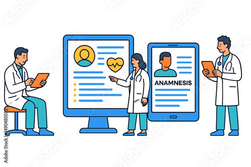 Vector illustration of doctors using digital devices for patient data management in a modern healthcare environment