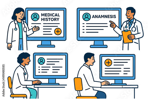 Medical professionals reviewing patient information on computers during a consultation in a healthcare setting