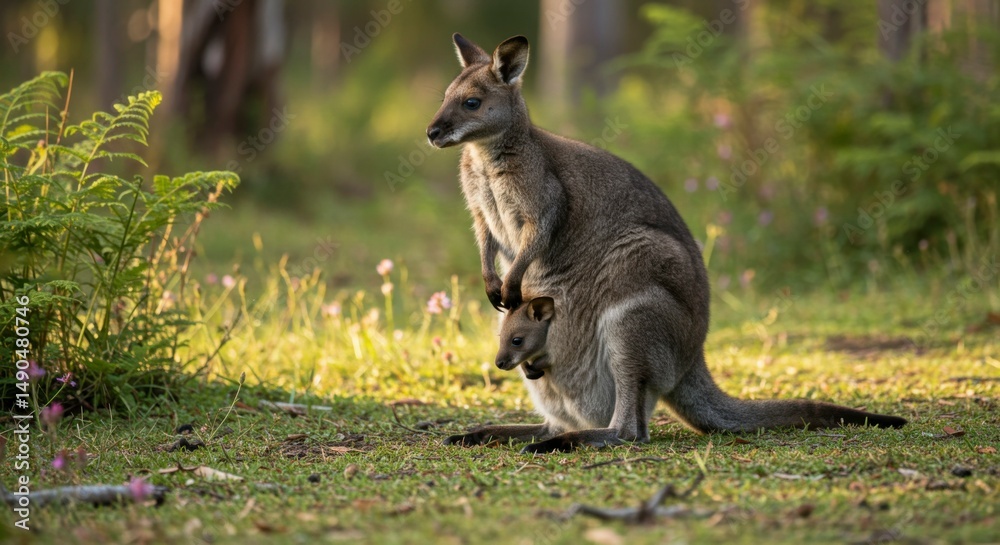 Obraz premium Mother and joey kangaroo in a forest