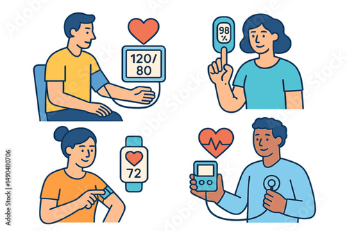 Health monitoring illustrations displaying various vital signs and measurements in a modern healthcare setting