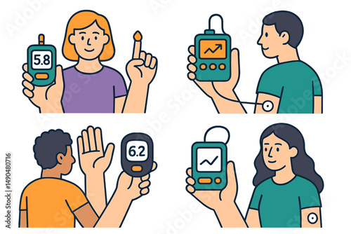 Colorful vector illustration depicting people monitoring health metrics with devices in different scenarios
