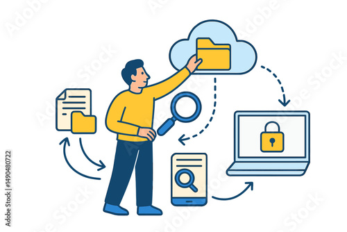 Data security and cloud storage illustration showing a person organizing files and accessing digital information